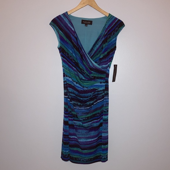 Black Label by Evan-Picone Crossover Stretchy Blue/Green Dress sz 2 NWT - Picture 3 of 7